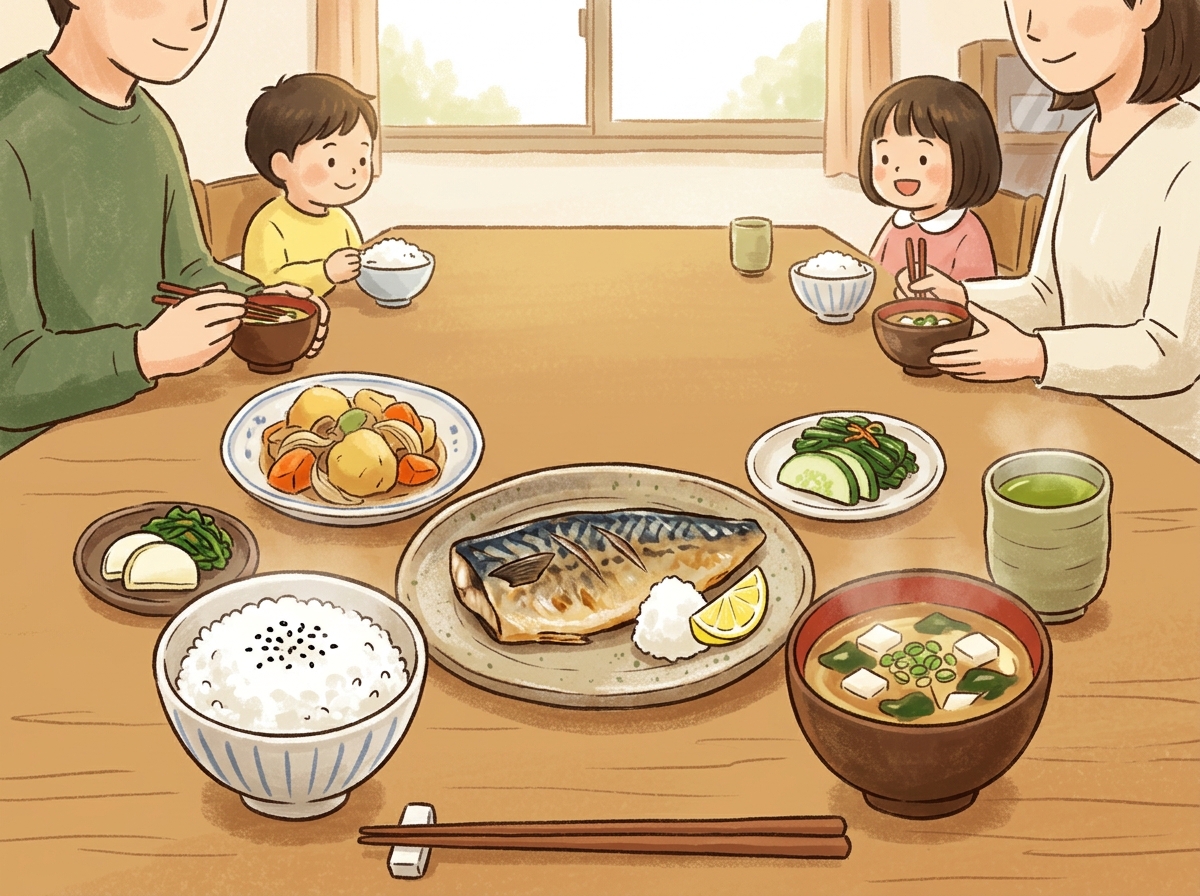 Professional illustration for article section about: 水曜日の食事メニュー. 日本人が理解しやすい自然で親しみやすい画像。写真のようなリアルさではな