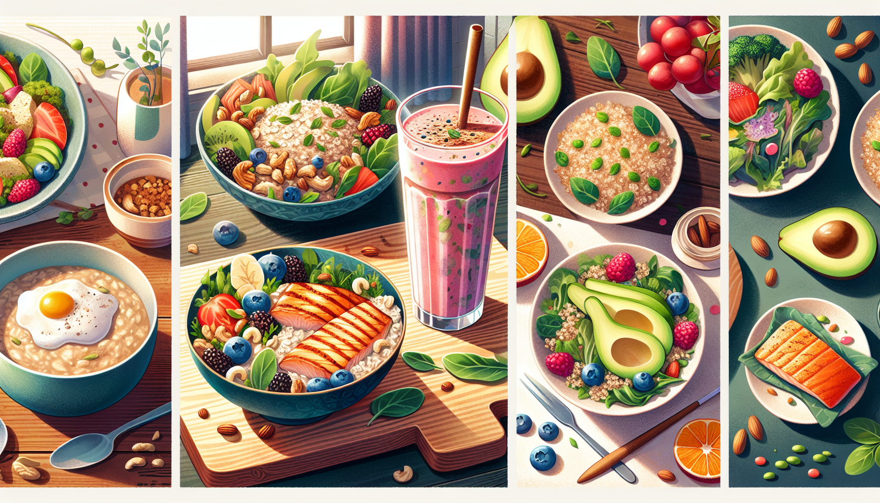 A visually appealing illustration depicting a vibrant breakfast scene featuring oatmeal mixed with G
