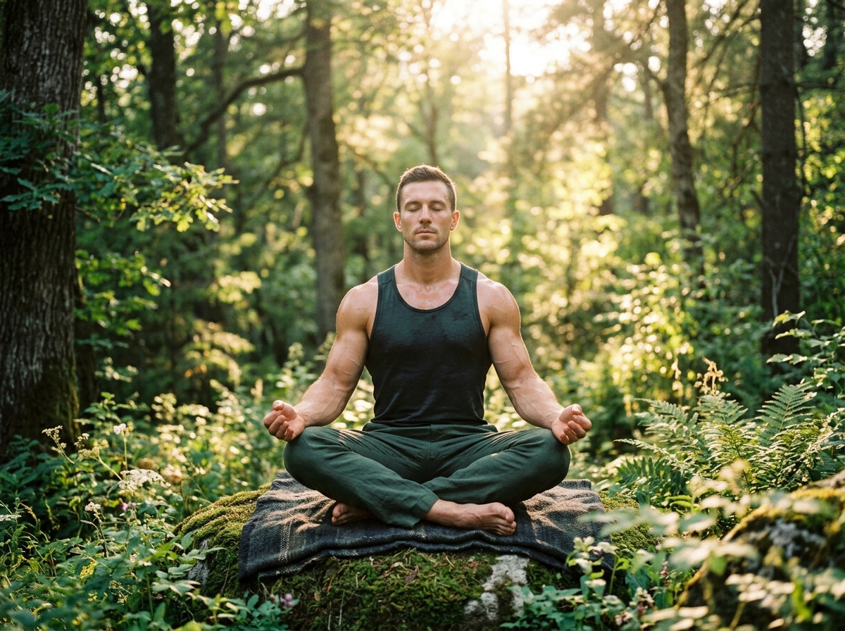 A close-up of a muscular person meditating in a serene environment surrounded by nature, with glowin
