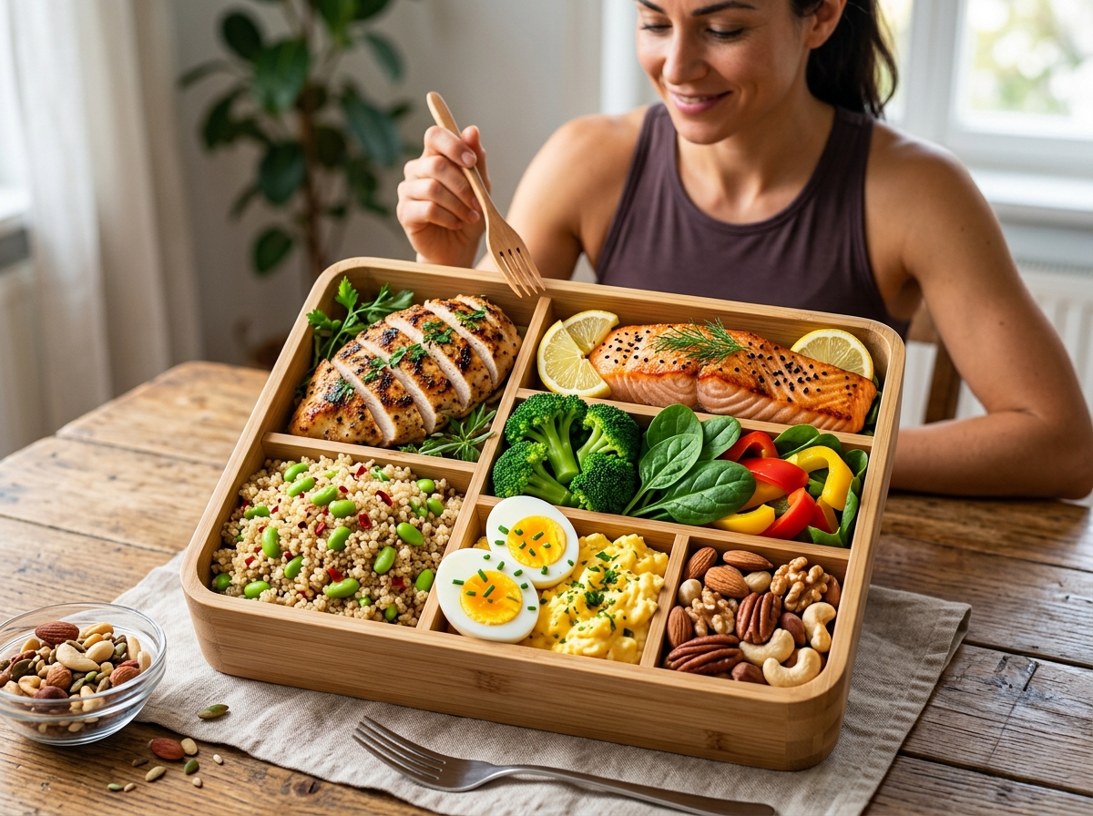 A vibrant, beautifully arranged bento box filled with colorful high-protein ingredients: grilled chi