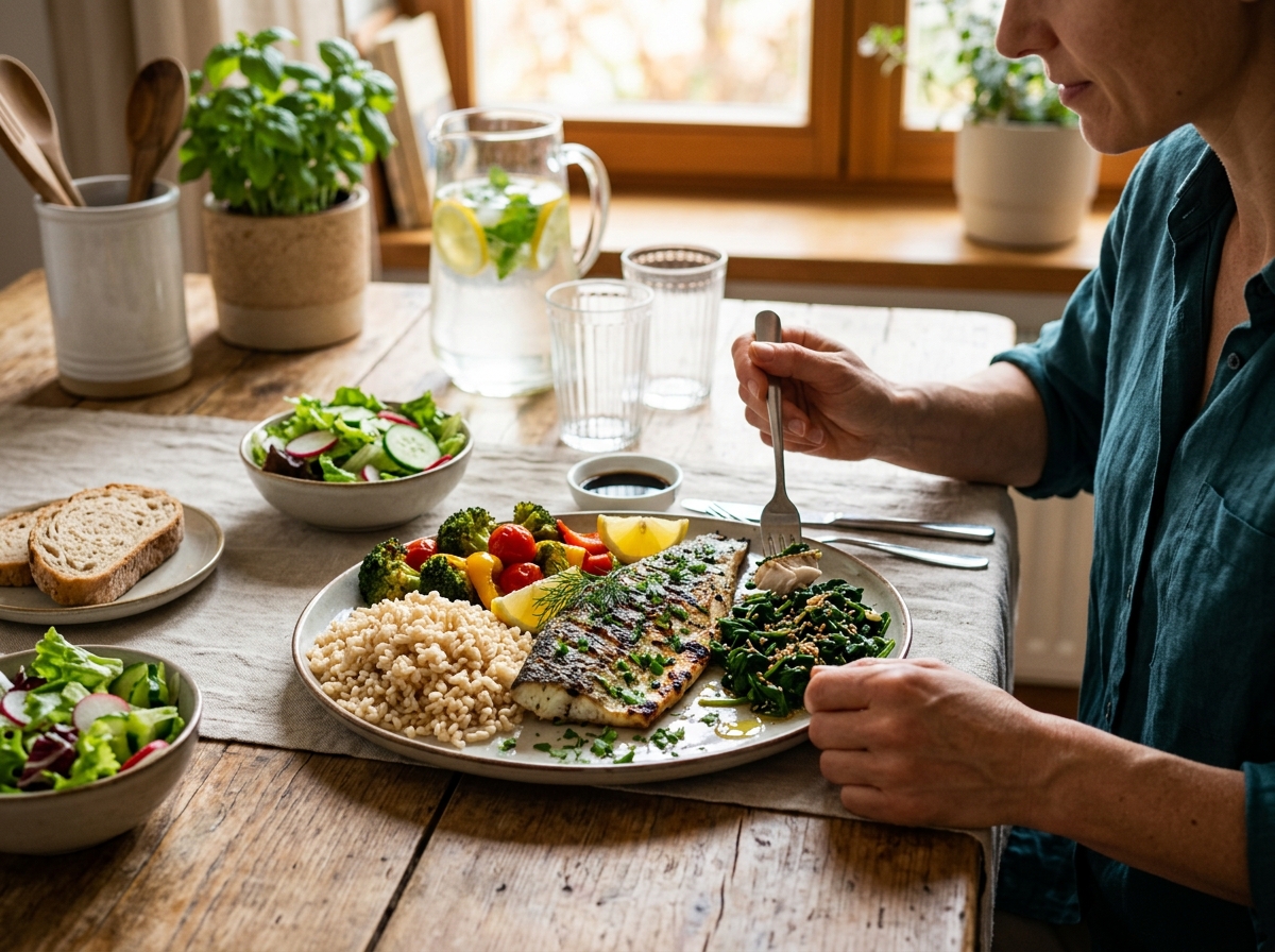 A well-arranged meal on a wooden table featuring brown rice, grilled fish, and a side of spinach wit