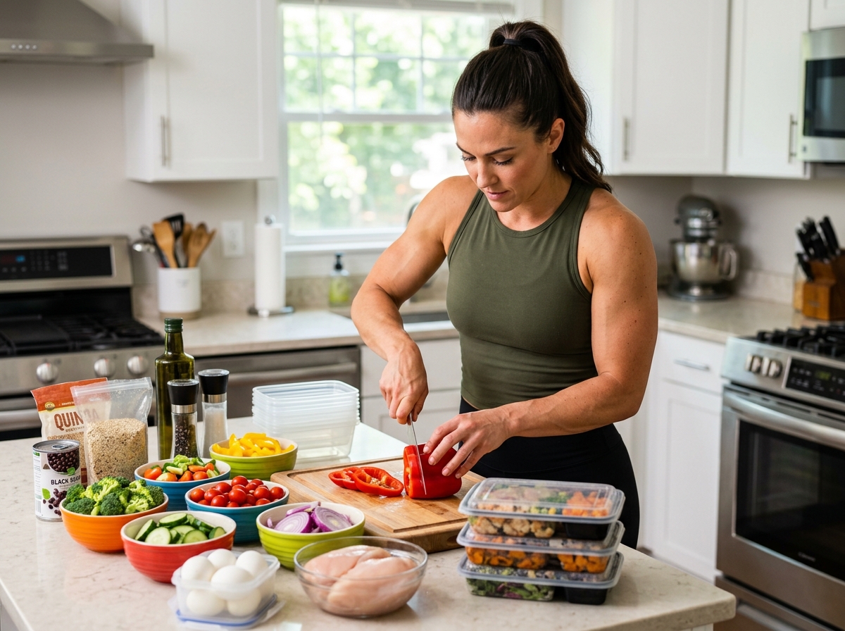 A vibrant kitchen scene featuring a muscular male or female preparing a healthy meal, showcasing hig