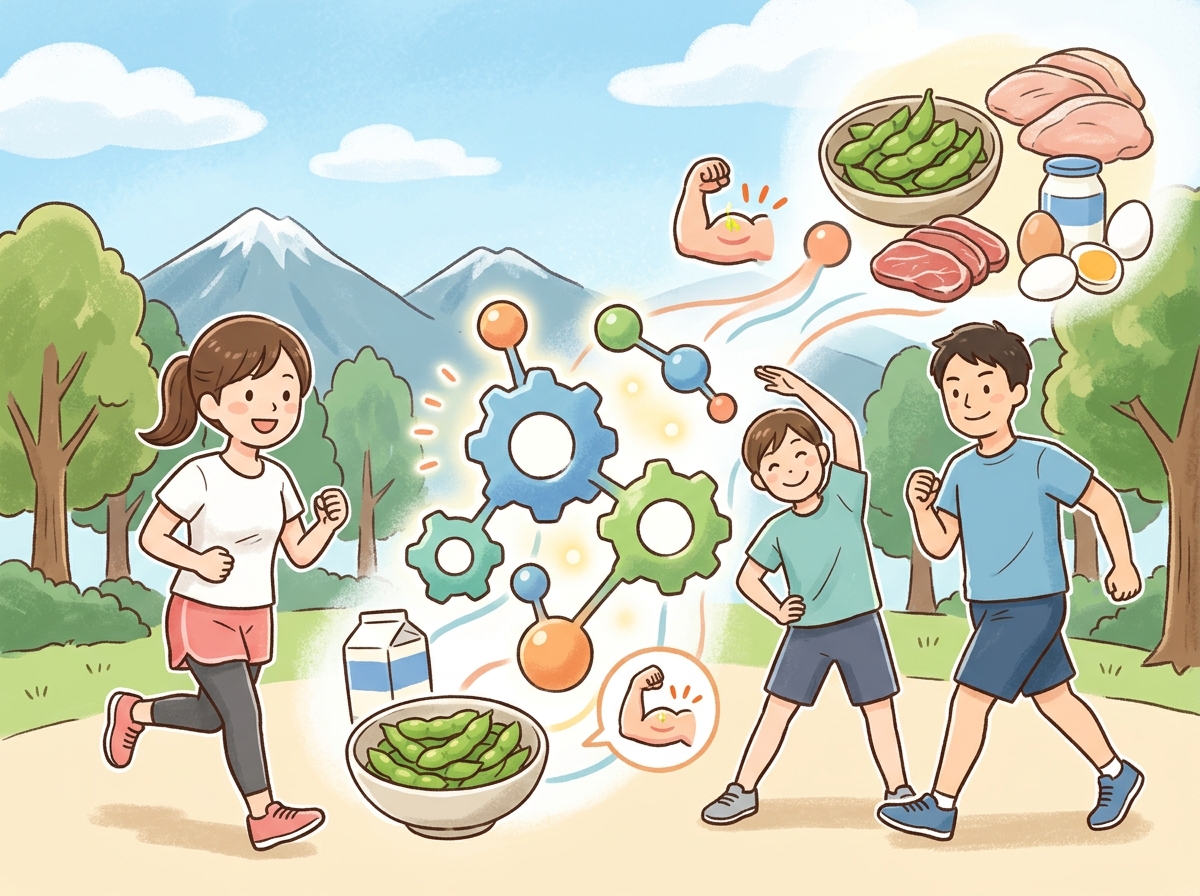 Professional illustration for article section about: BCAAとは？基本知識を解説. 日本人が理解しやすい自然で親しみやすい画像。写真のようなリアル