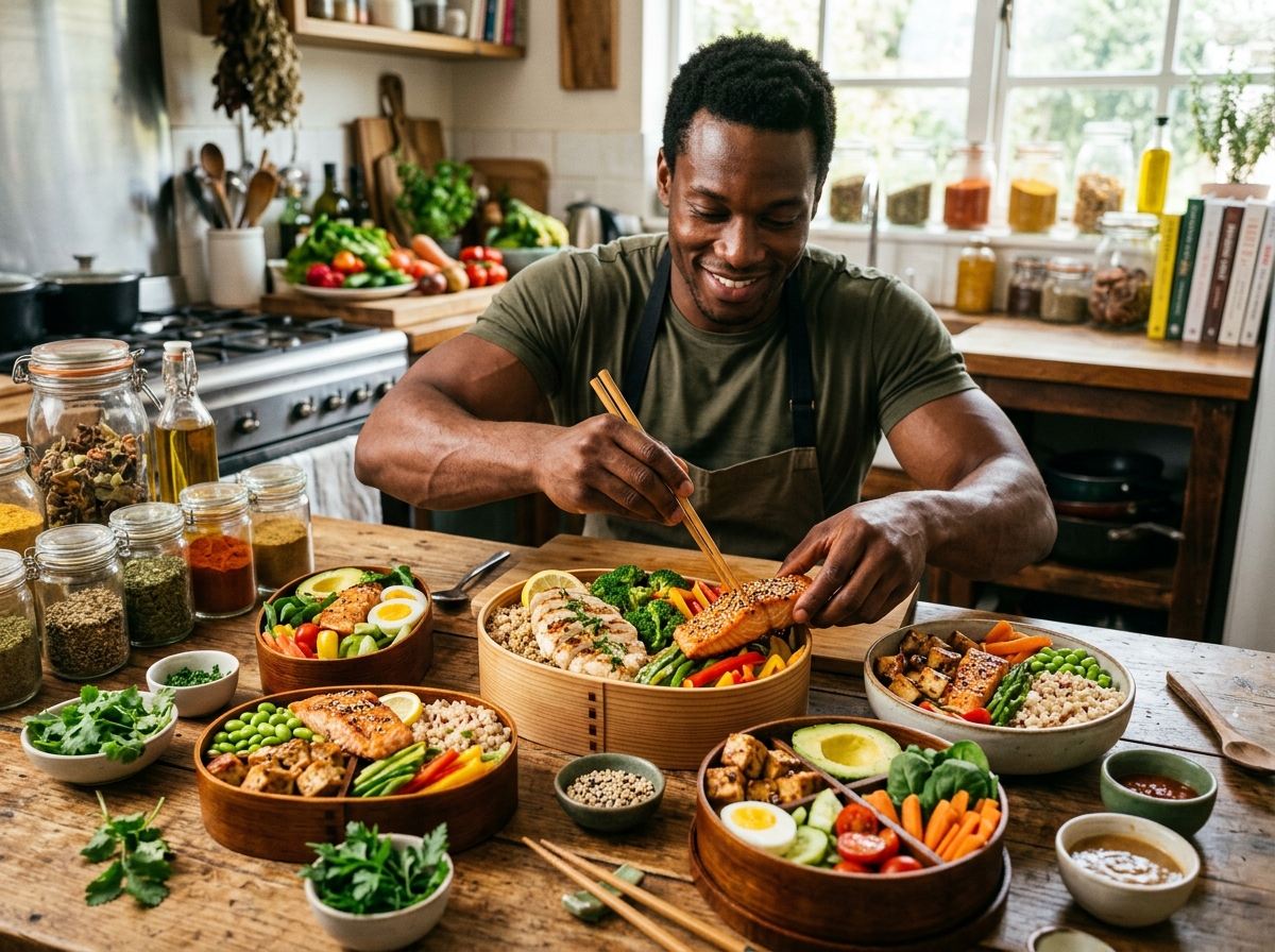 A visually appealing scene featuring a diverse array of high-protein bento boxes, showcasing colorfu