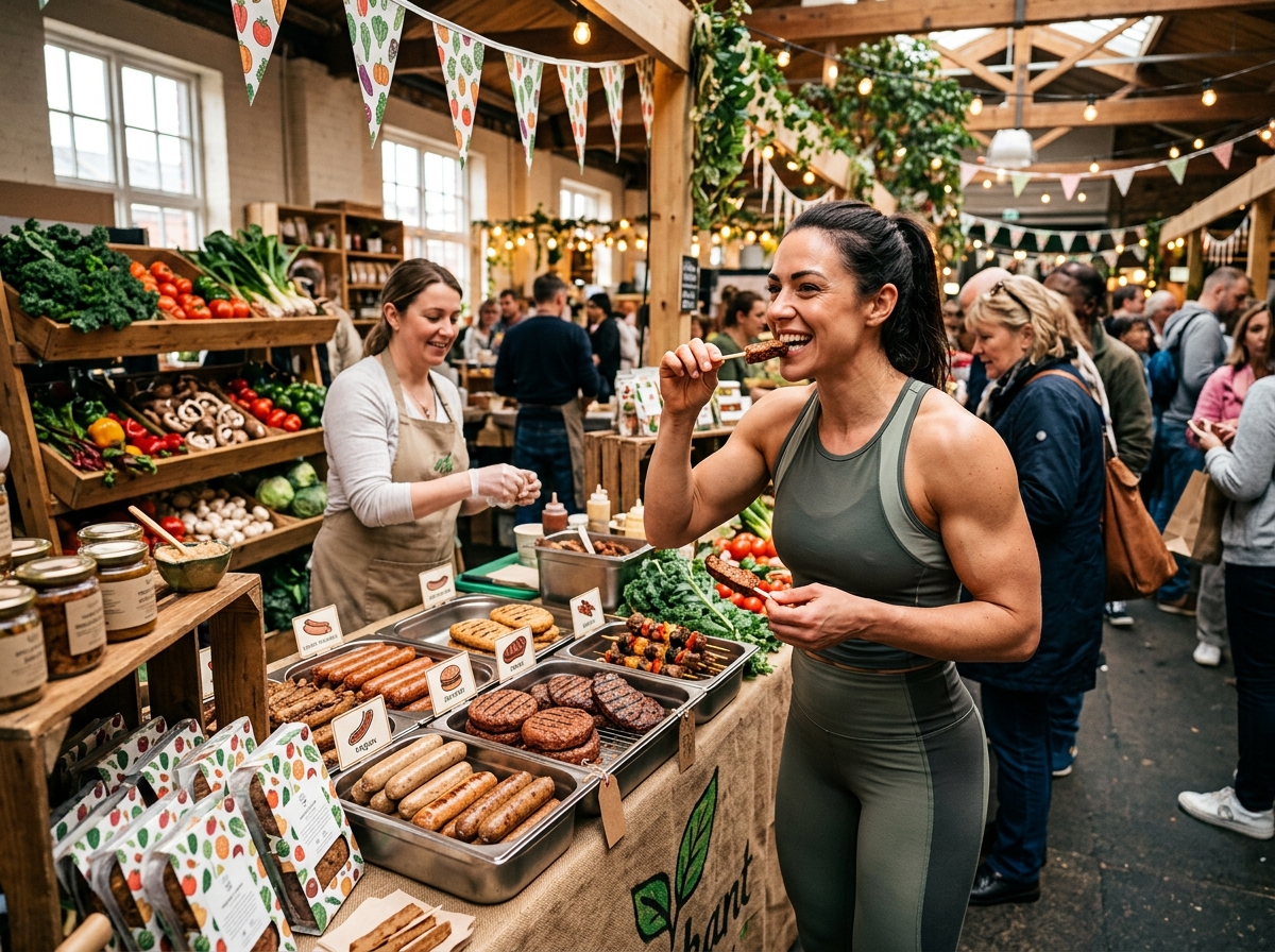 A vibrant indoor market scene showcasing various plant-based protein products, including alternative