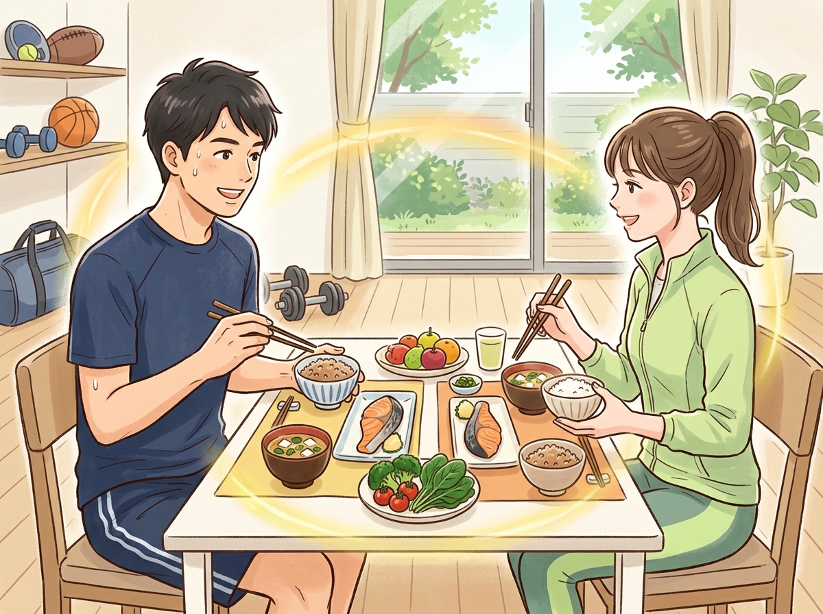 Professional illustration for article section about: 筋トレと食事の相乗効果を高める方法. 日本人が理解しやすい自然で親しみやすい画像。写真のような