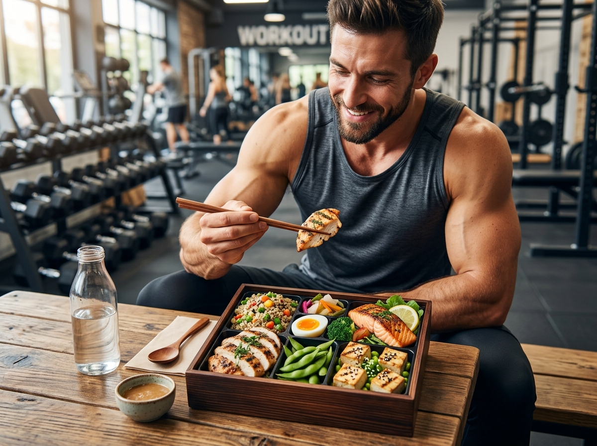 A visually appealing high-protein bento box filled with grilled chicken, fish, and soybean products,