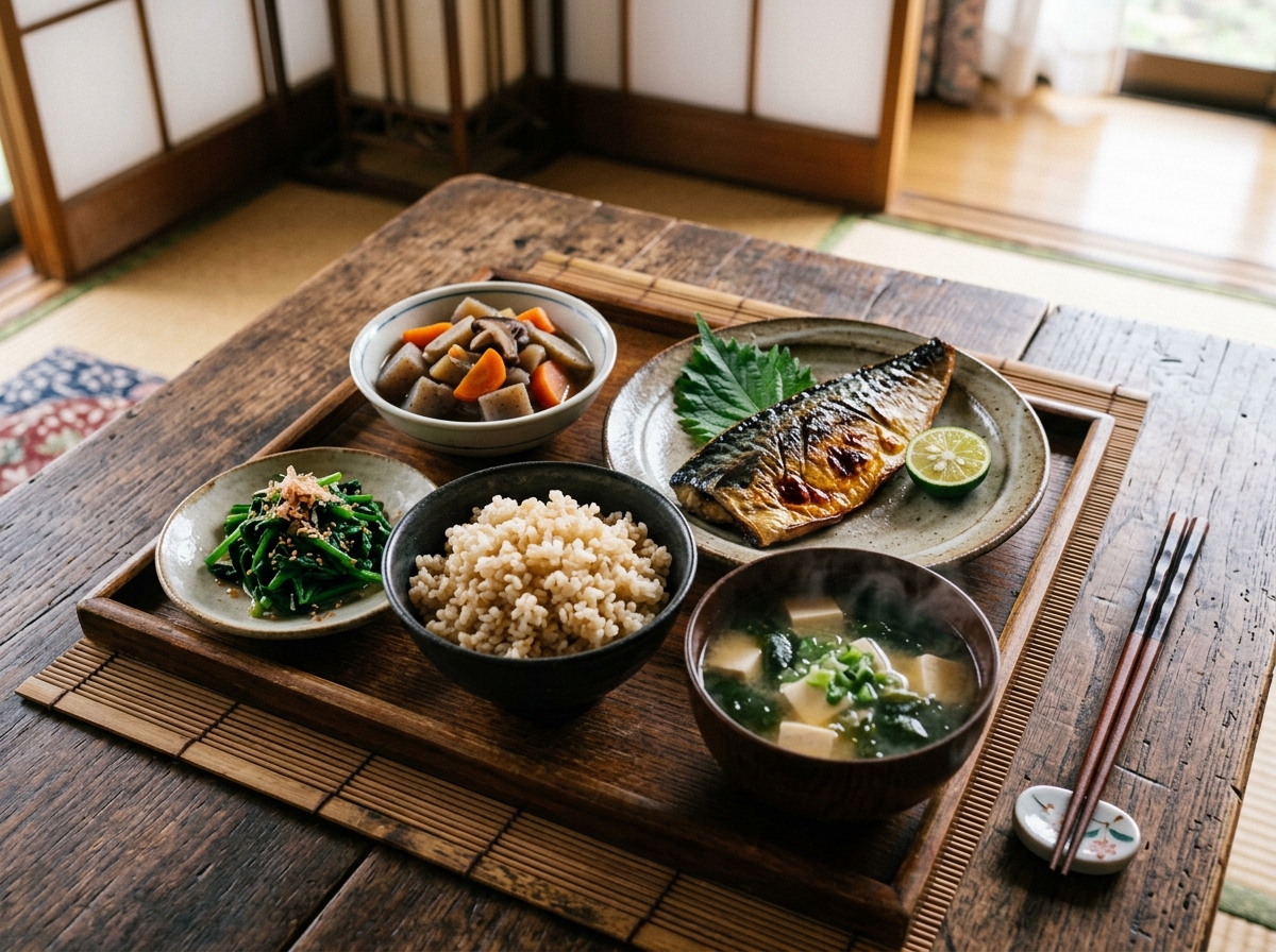 A beautifully arranged Japanese meal featuring a bowl of brown rice, grilled mackerel, vibrant spina