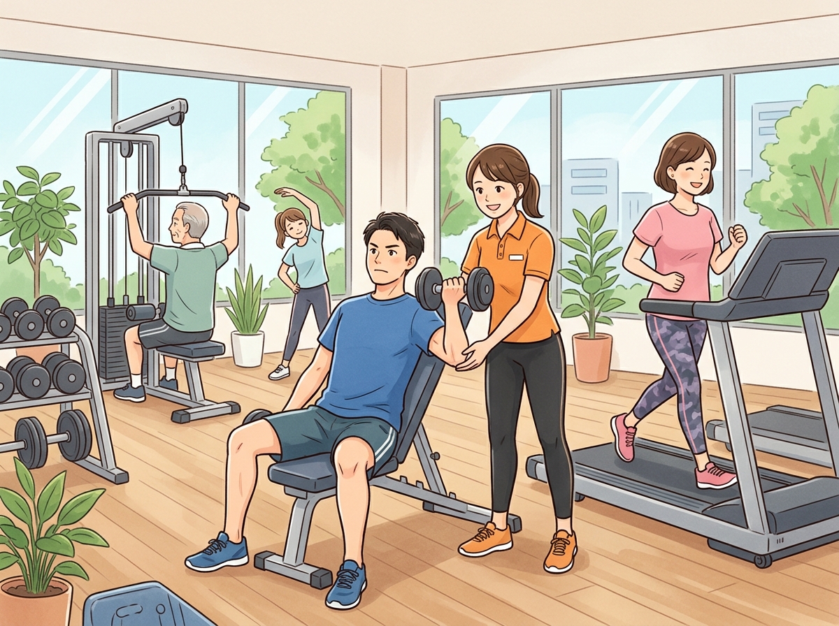 Professional illustration for article section about: ジムで行う筋トレの効果とポイント. 日本人が理解しやすい自然で親しみやすい画像。写真のようなリ