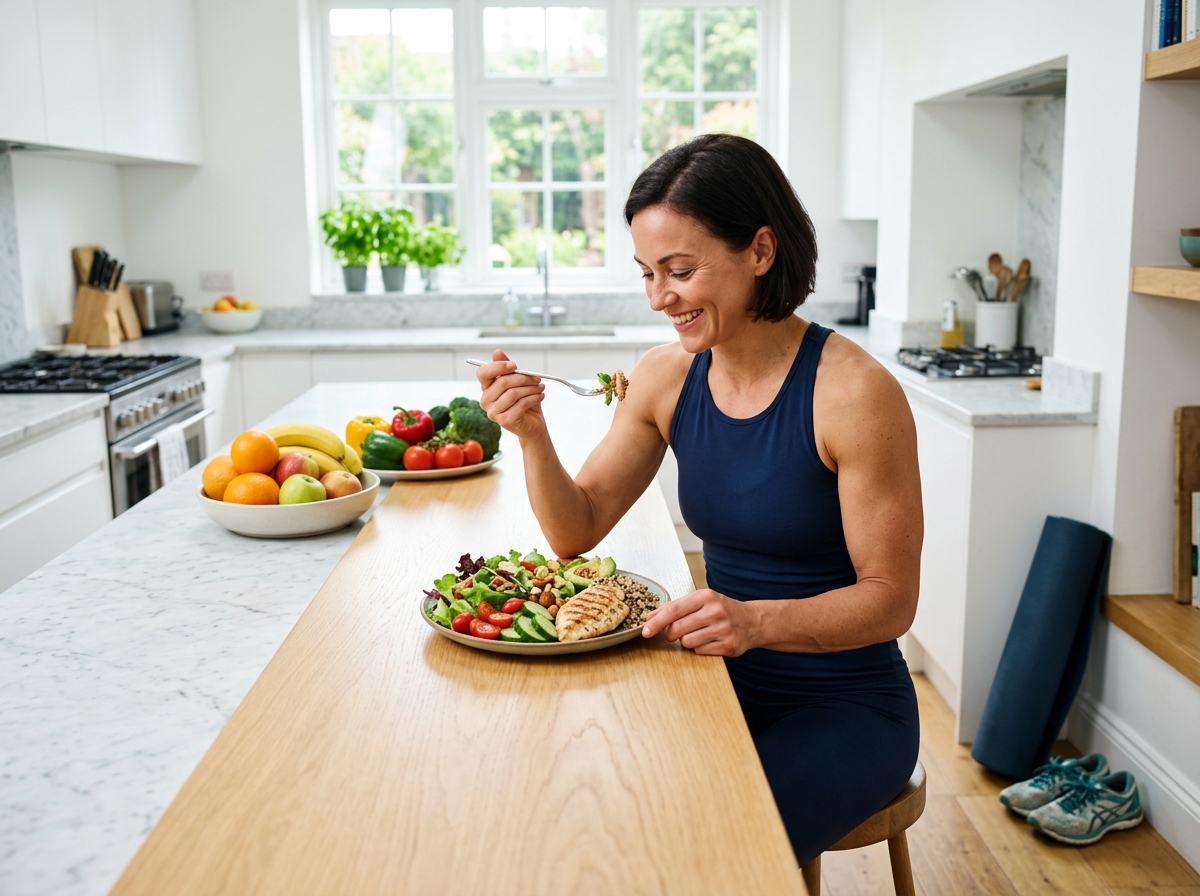 A fit man or woman enjoying a balanced meal with salad and protein in a bright, modern kitchen, surr