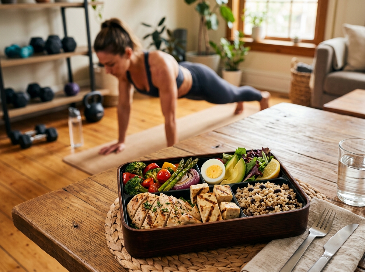 A realistic photograph of a well-prepared high-protein bento box displayed on a table, featuring a v