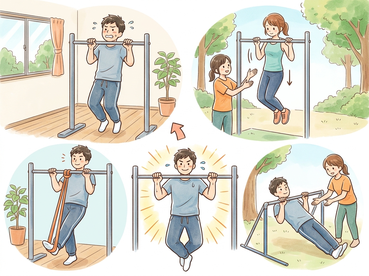 Professional illustration for article section about: 懸垂ができない原因と克服方法. 日本人が理解しやすい自然で親しみやすい画像。写真のようなリアル