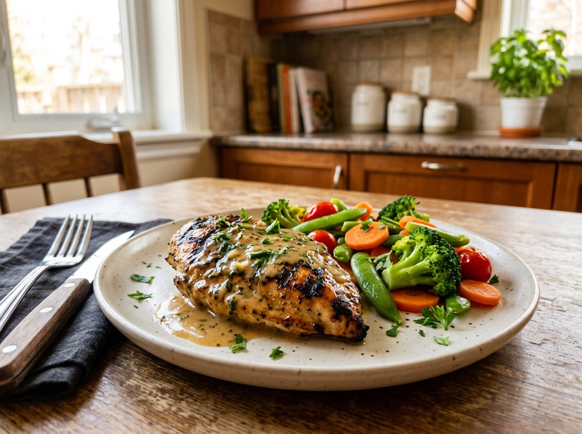 A well-plated frozen meal featuring grilled chicken steak with a rich garlic sauce, colorful vegetab