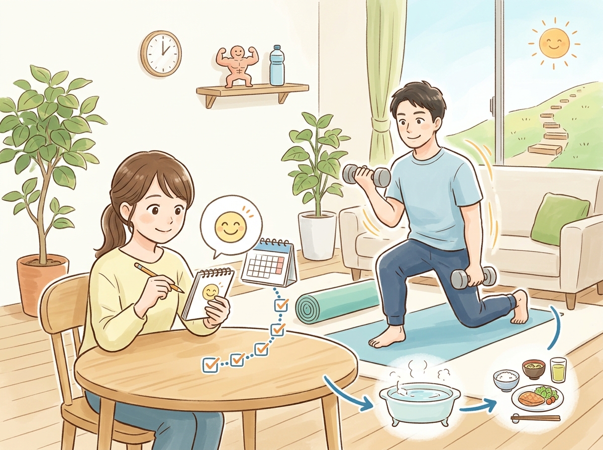 Professional illustration for article section about: 筋トレ継続の基本：目標設定と習慣化. 日本人が理解しやすい自然で親しみやすい画像。写真のような