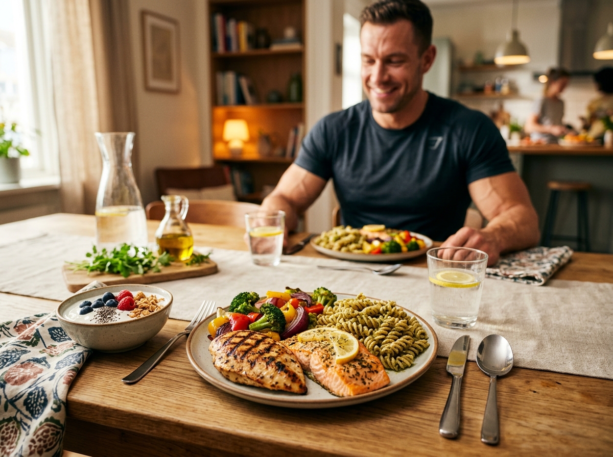 A dinner table set with a colorful array of nutritious foods, including grilled chicken breast, salm