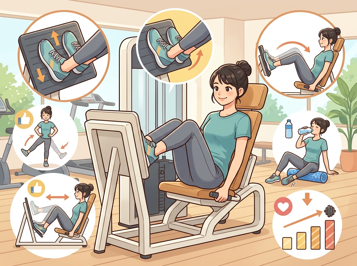 Professional illustration for article section about: 初心者向けレッグプレスのトレーニングプラン. 日本人が理解しやすい自然で親しみやすい画像。写真