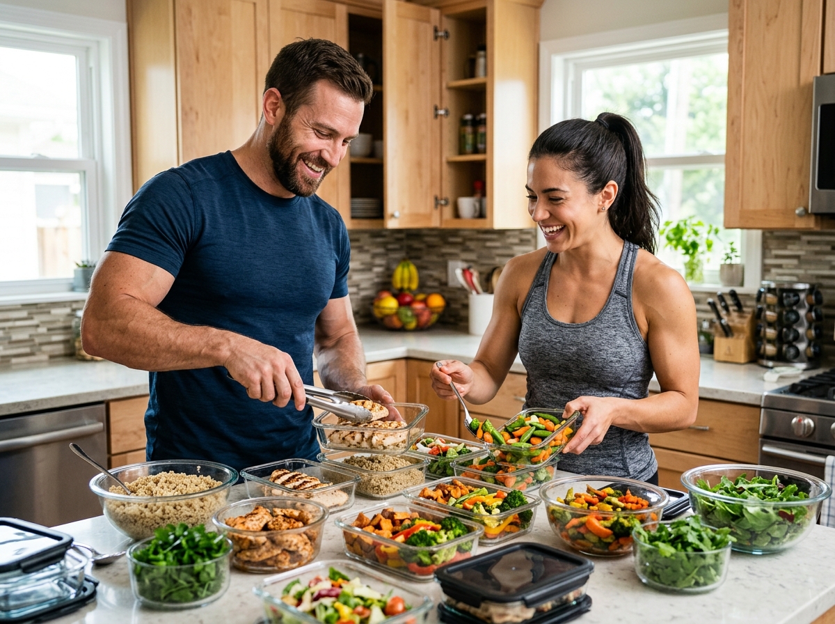 A realistic photo featuring a muscular man and woman in a bright, well-lit kitchen, preparing high-p