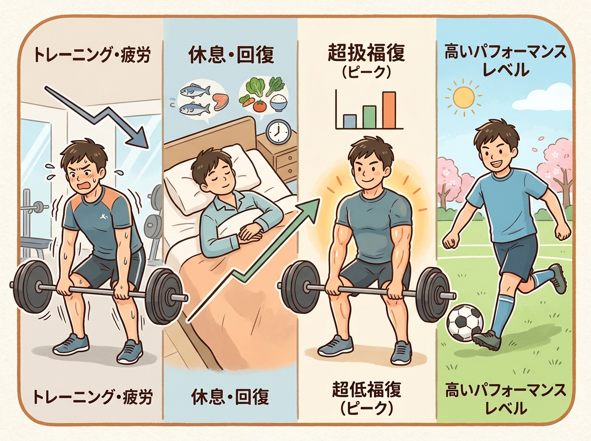 Professional illustration for article section about: 超回復とは何か？基礎知識を解説. 日本人が理解しやすい自然で親しみやすい画像。写真のようなリア