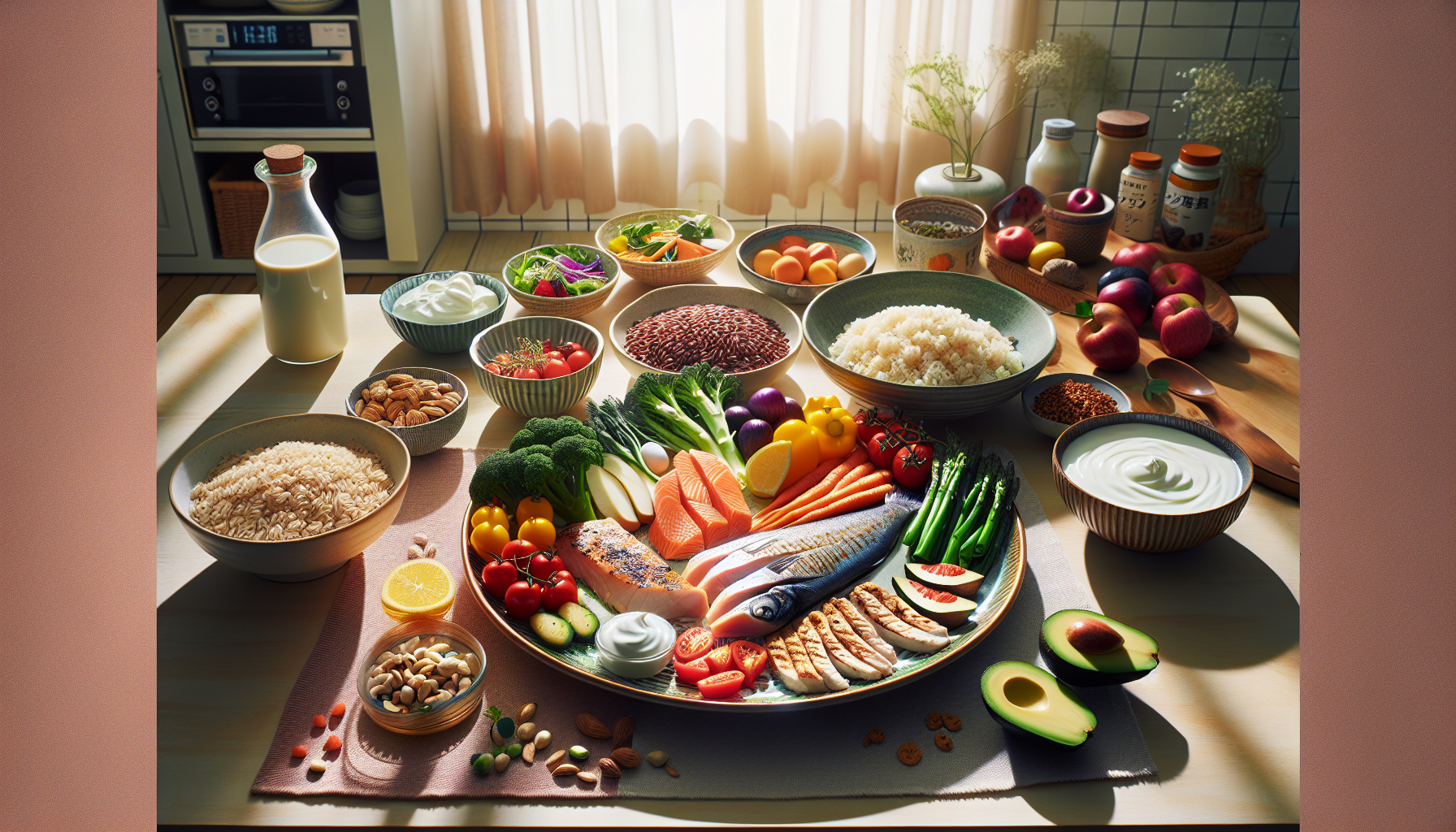 An illustrated scene depicting a balanced meal preparation: a colorful plate featuring whole grains 