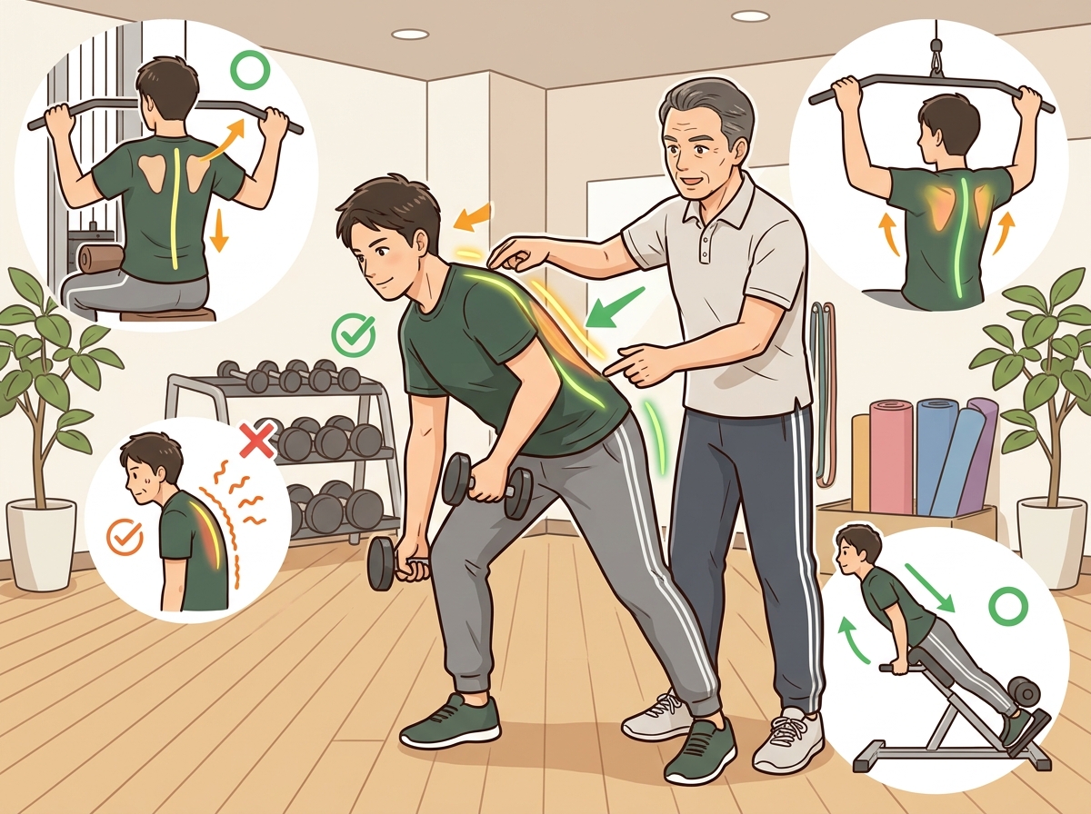 Professional illustration for article section about: 専門家が教える背中筋トレの注意点. 日本人が理解しやすい自然で親しみやすい画像。写真のようなリ