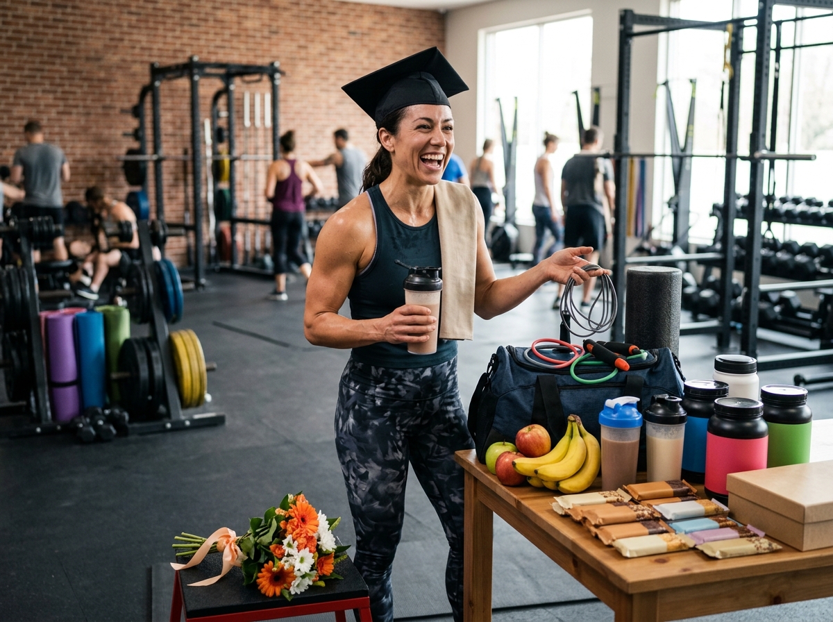 A muscular man or woman in a fitness studio, surrounded by high-protein snacks, protein powder, and 