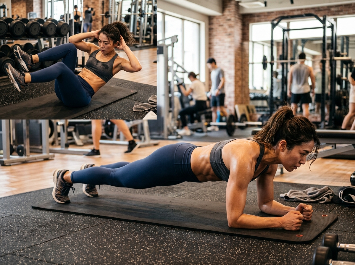 A close-up shot of a person performing various abdominal exercises, including crunches and planks, i