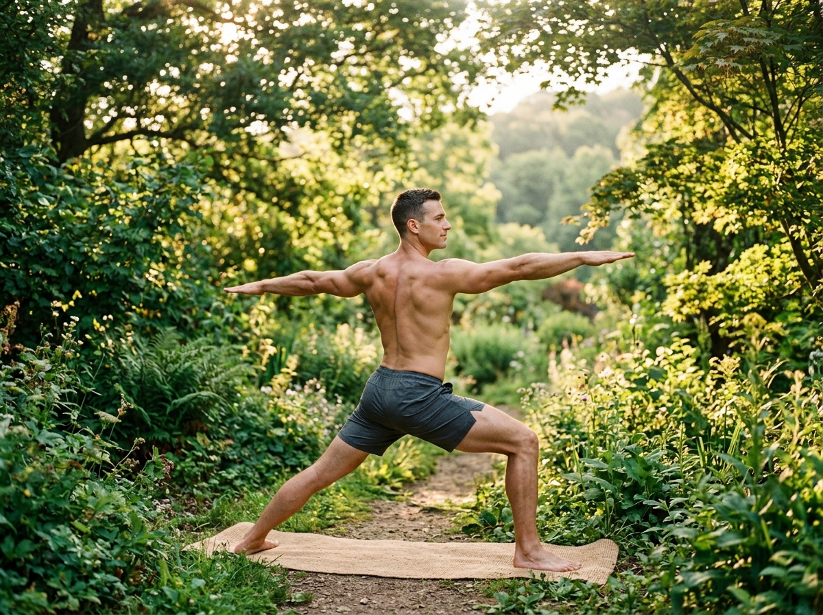 A serene outdoor scene featuring a muscular person practicing yoga under the morning sun, surrounded