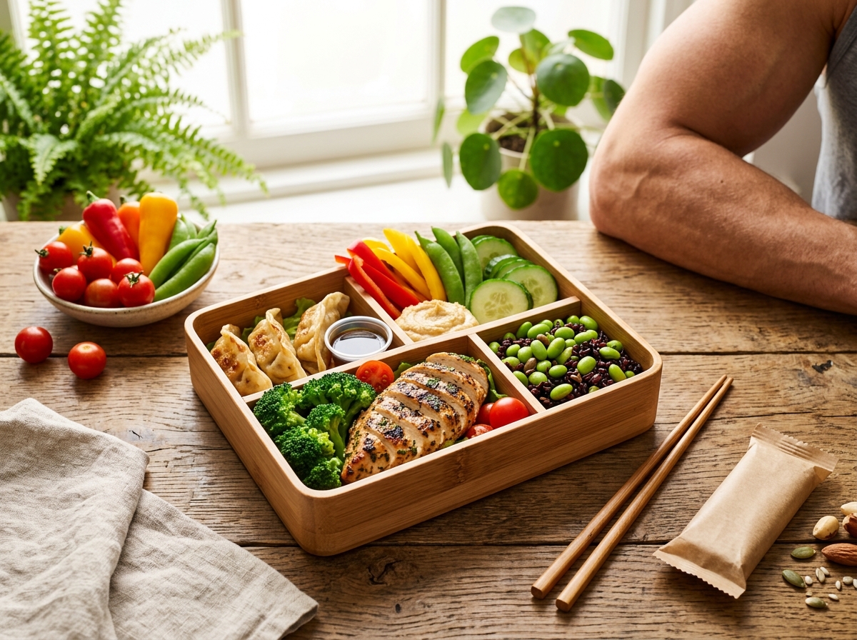 A visually appealing scene featuring a colorful high-protein bento box with compartments showcasing 
