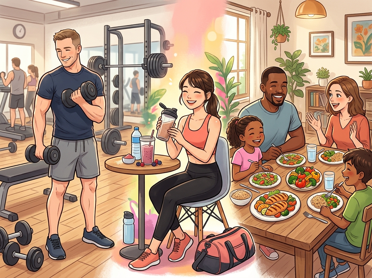 An illustration of a diverse group of people engaged in healthy activities: a man in his 30s exercis