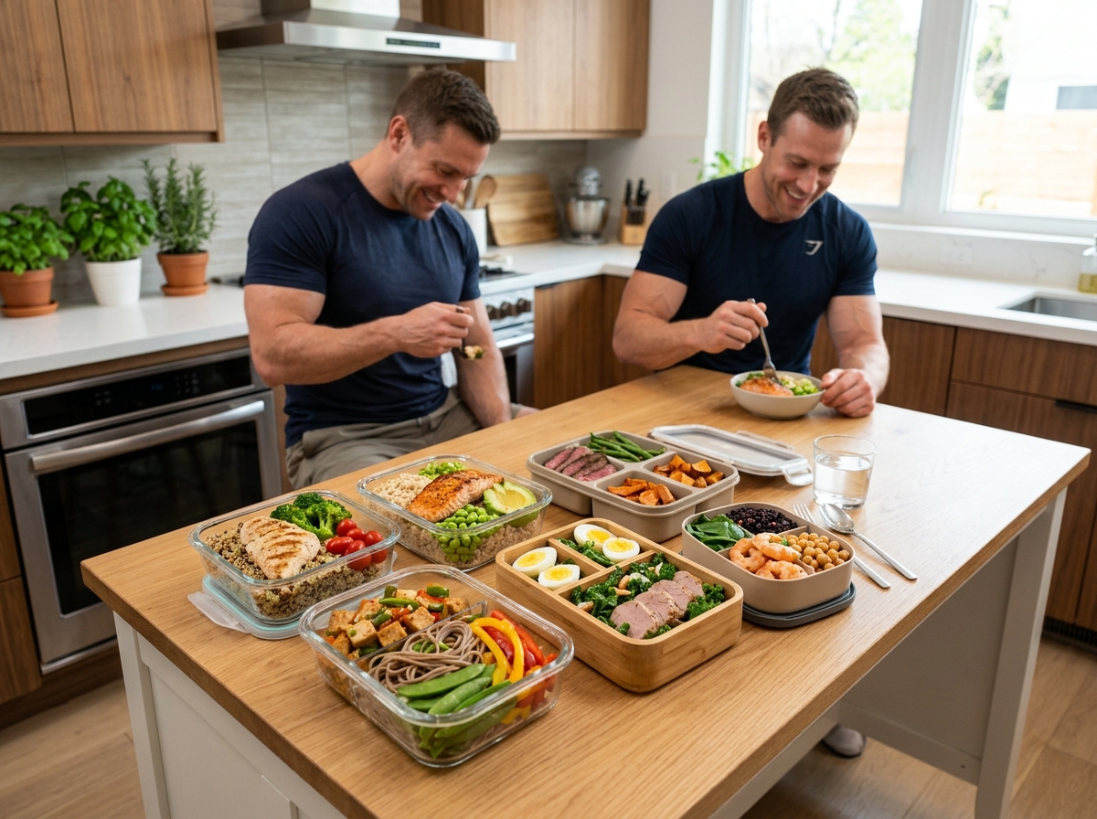 A realistic image of a diverse selection of high-protein bento boxes neatly arranged on a table, fea