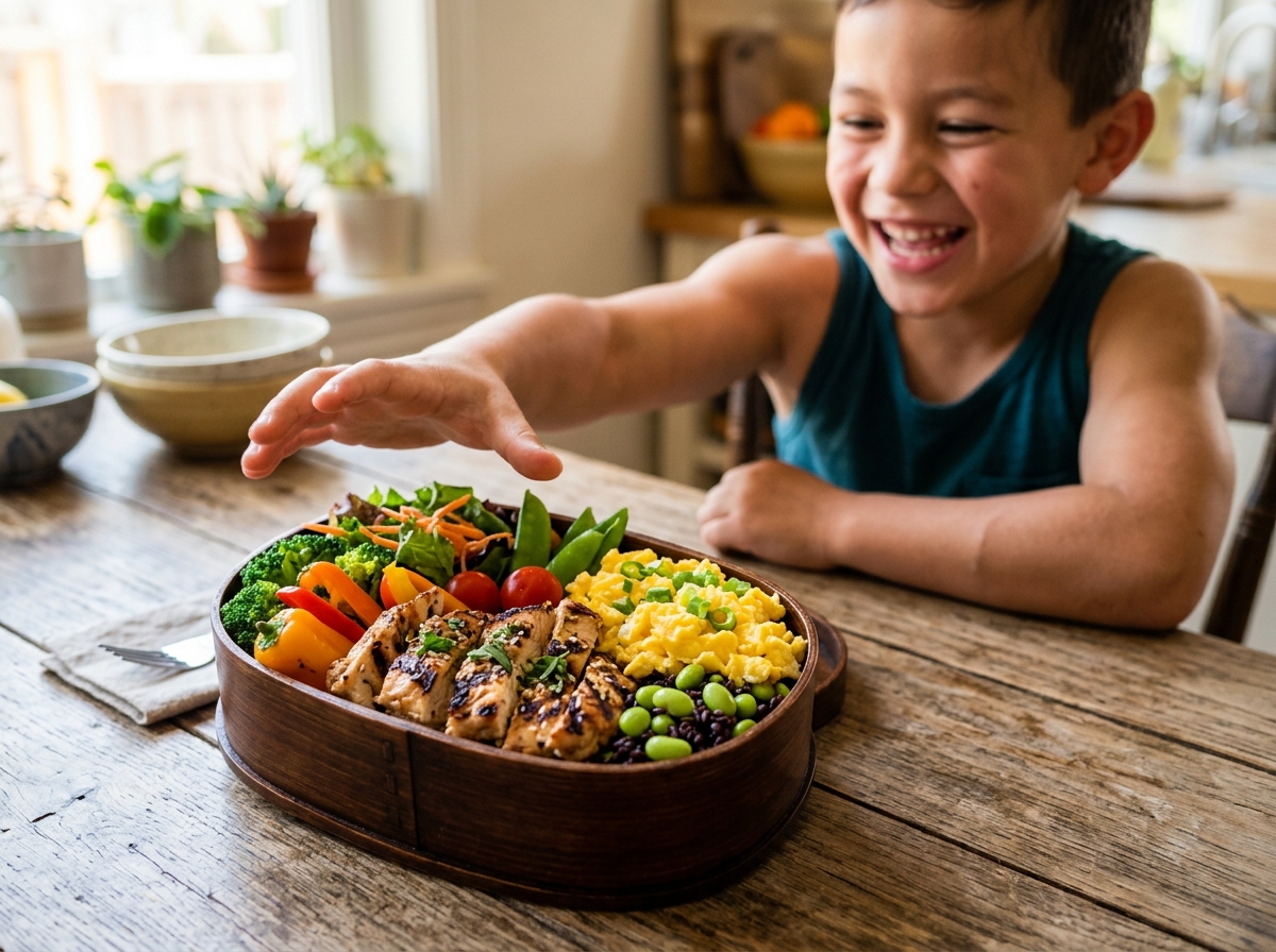 A vibrant, beautifully arranged high-protein bento box featuring grilled chicken, scrambled eggs, an