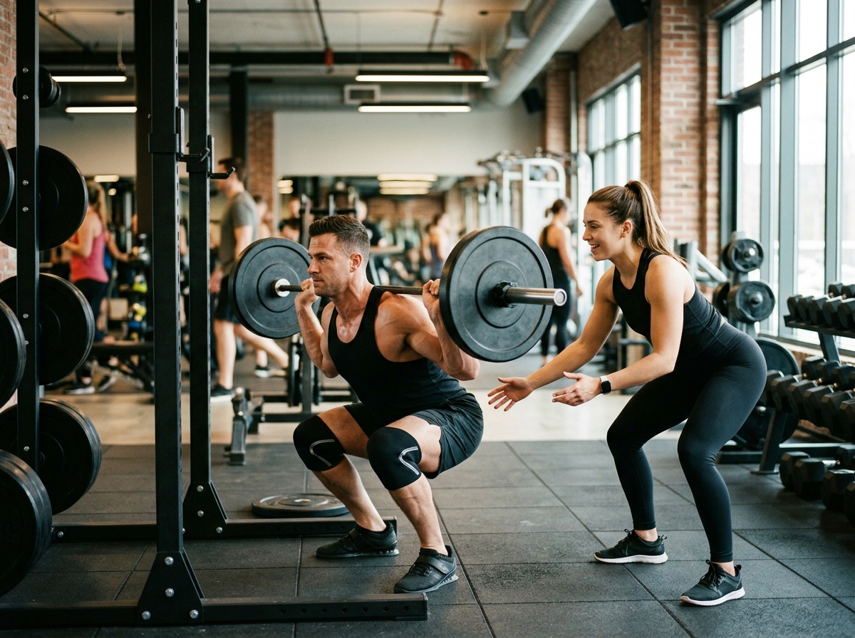 A dynamic personal training session in a modern gym, featuring a muscular man demonstrating a squat 