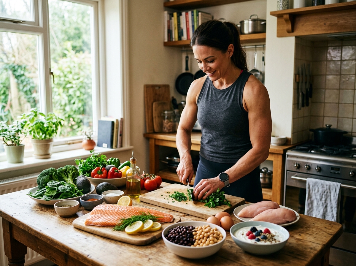 A vibrant kitchen scene showcasing a variety of high-protein foods such as salmon, chicken breast, c