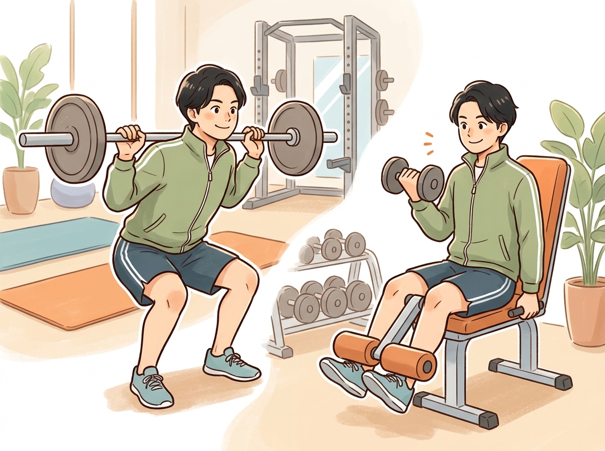 Professional illustration for article section about: コンパウンド種目とアイソレーション種目の組み合わせ方. 日本人が理解しやすい自然で親しみやすい