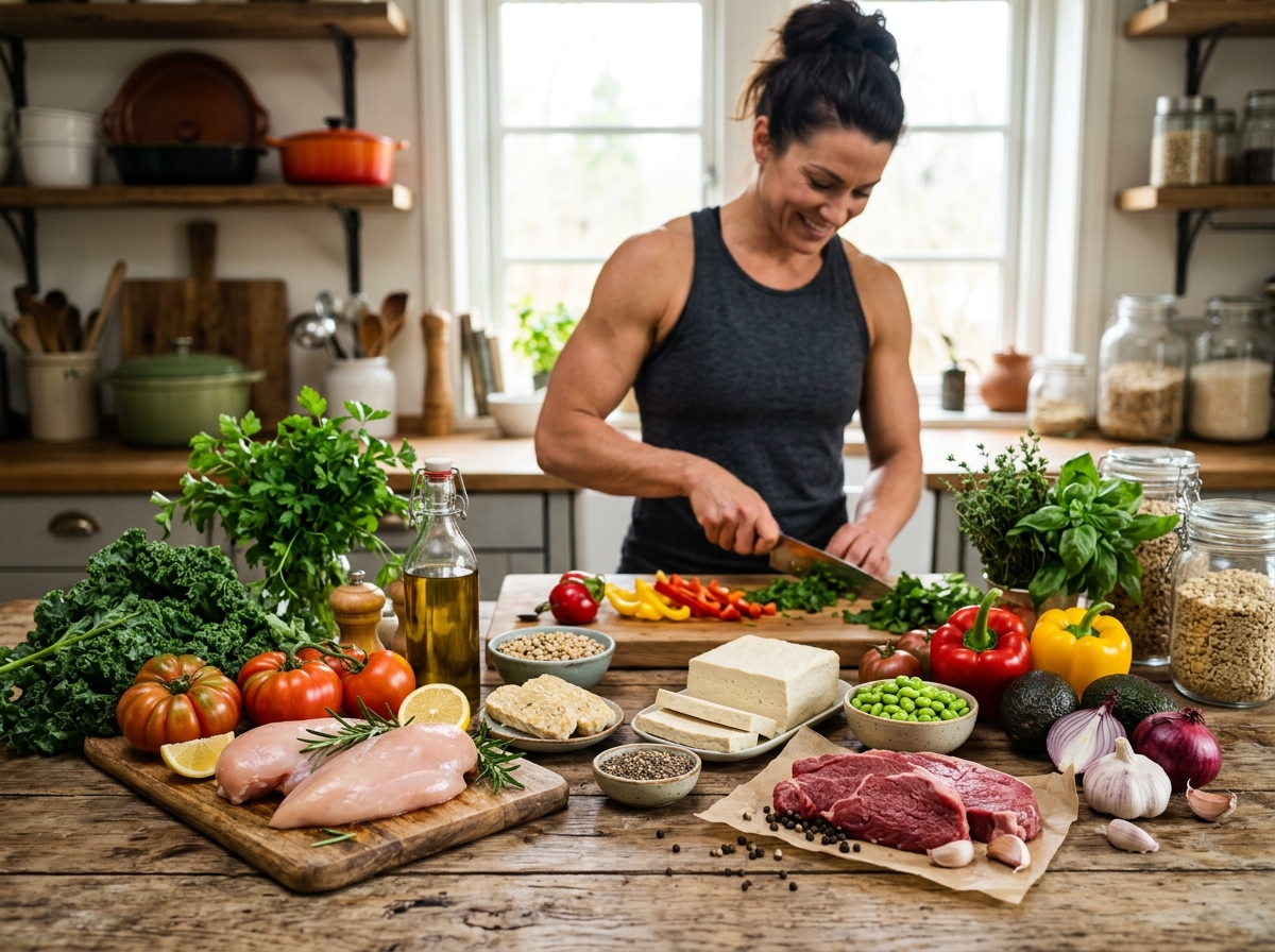 A vibrant, visually appealing scene featuring an array of organic high-protein foods, including fres