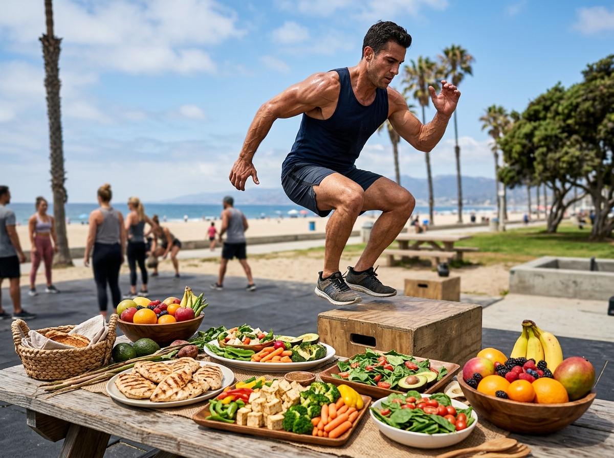 A fit and muscular person engaged in a dynamic outdoor workout, surrounded by healthy foods like chi