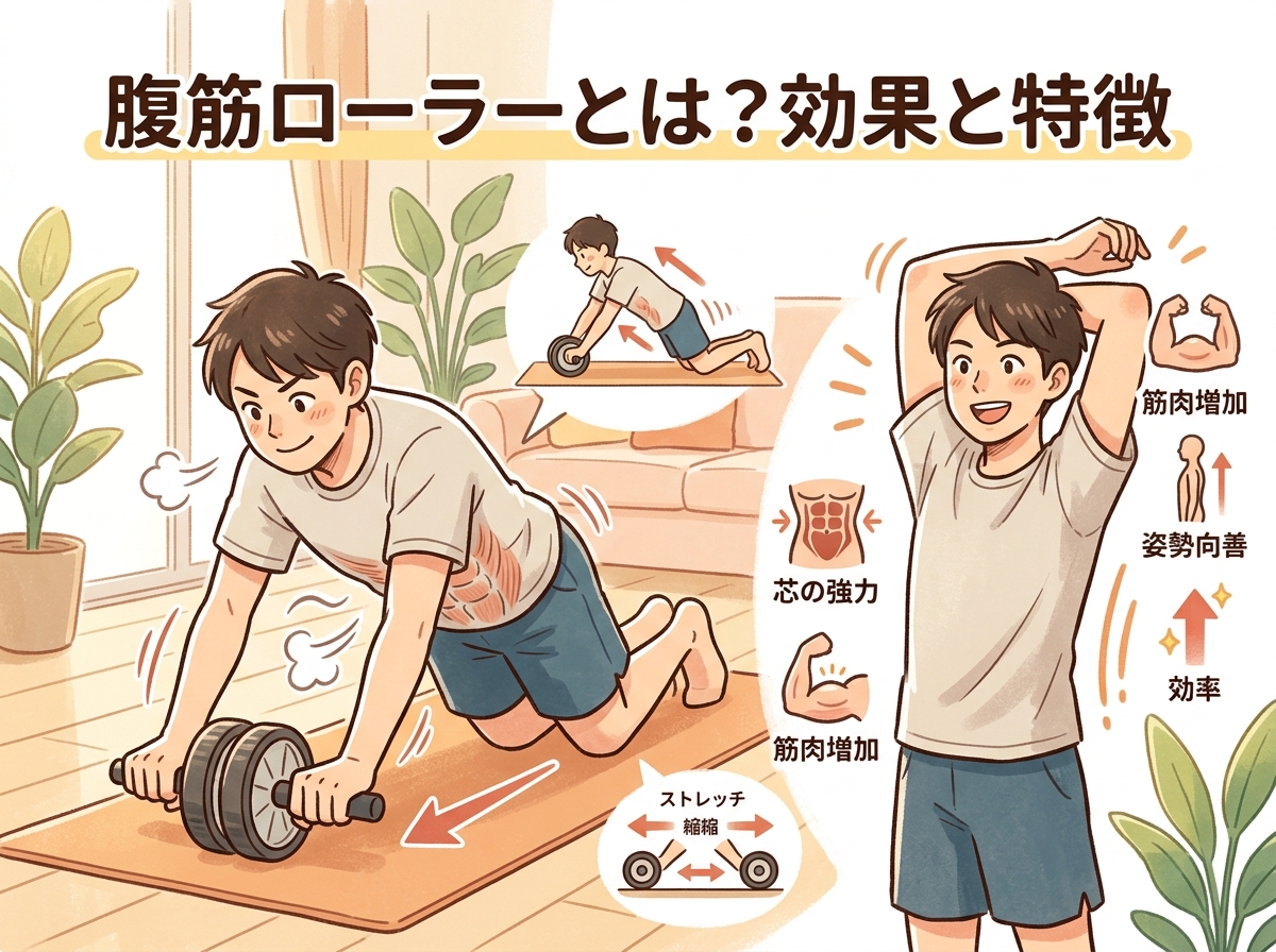 Professional illustration for article section about: 腹筋ローラーとは？効果と特徴. 日本人が理解しやすい自然で親しみやすい画像。写真のようなリアル