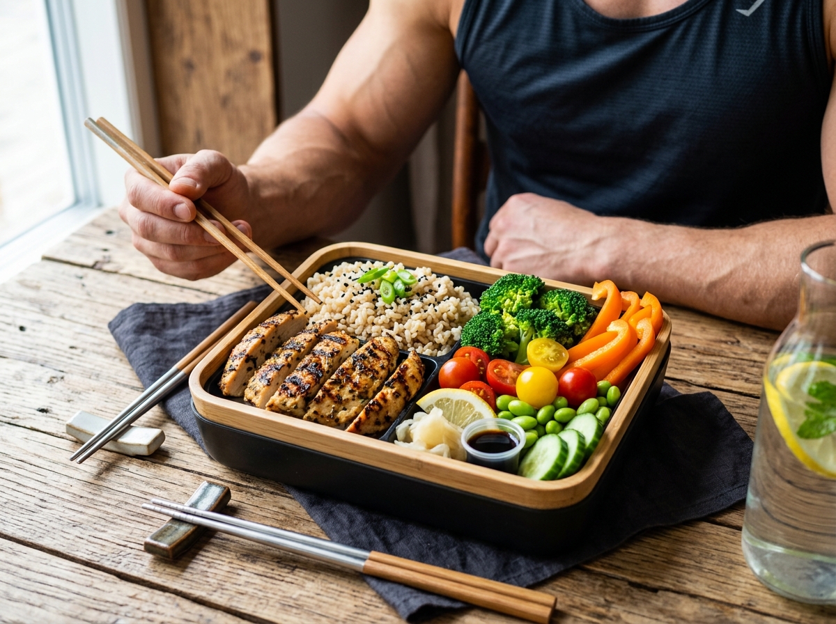 A visually appealing image of a healthy, high-protein bento box containing grilled chicken, vibrant 