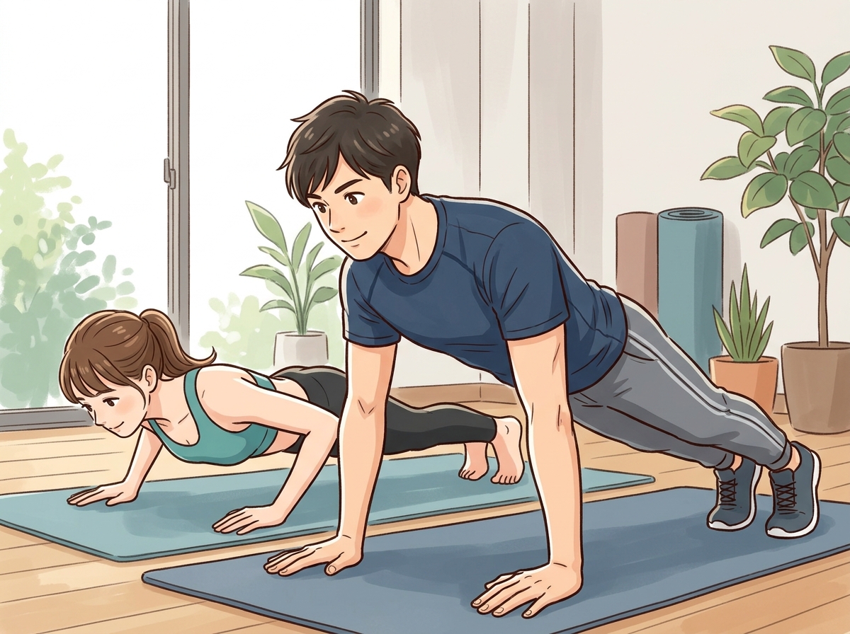 Professional illustration for article section about: 腕立て伏せの基本と効果. 日本人が理解しやすい自然で親しみやすい画像。写真のようなリアルさでは