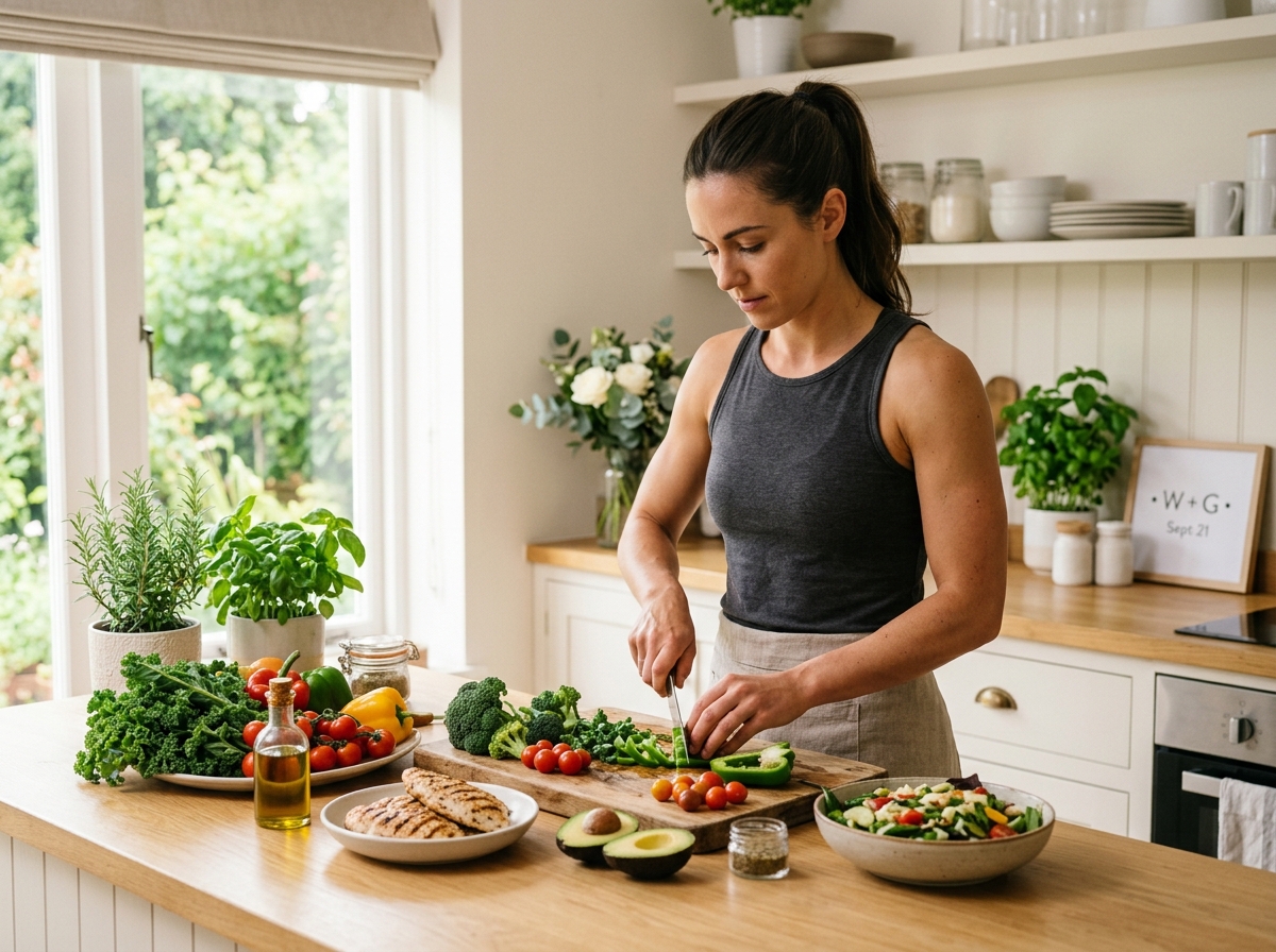 A fit man or woman in a serene kitchen preparing a nutritious meal, featuring fresh vegetables, lean