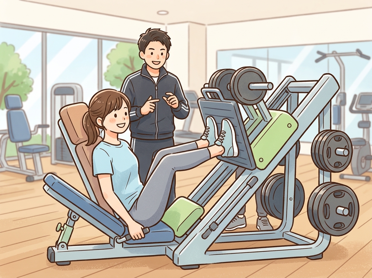 Professional illustration for article section about: レッグプレスとは何か. 日本人が理解しやすい自然で親しみやすい画像。写真のようなリアルさではな