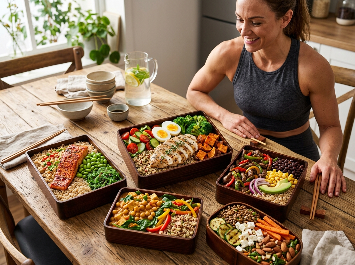 A vibrant, appetizing spread of various high-protein bento boxes, showcasing colorful, nutritious in