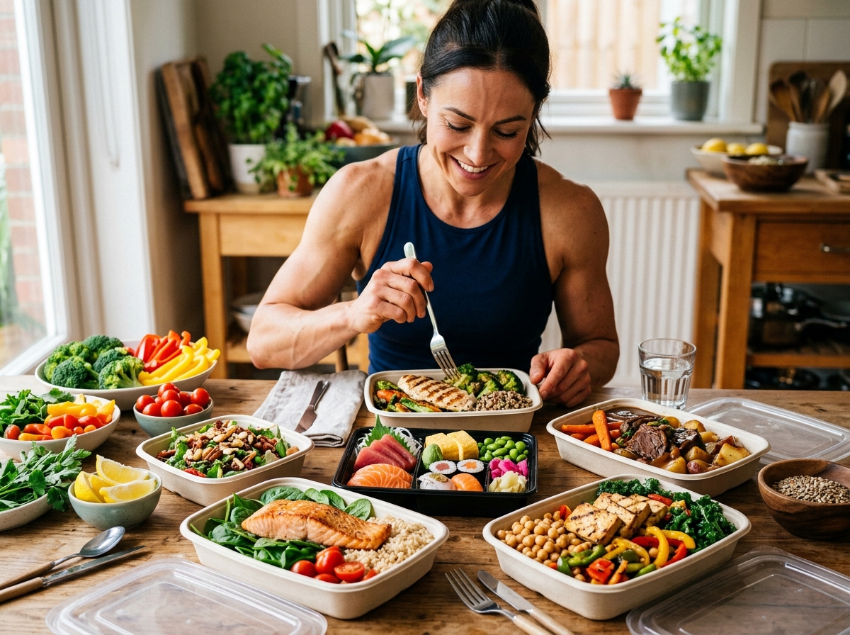 A vibrant, appetizing spread of various high-protein meal boxes featuring grilled chicken, salmon wi