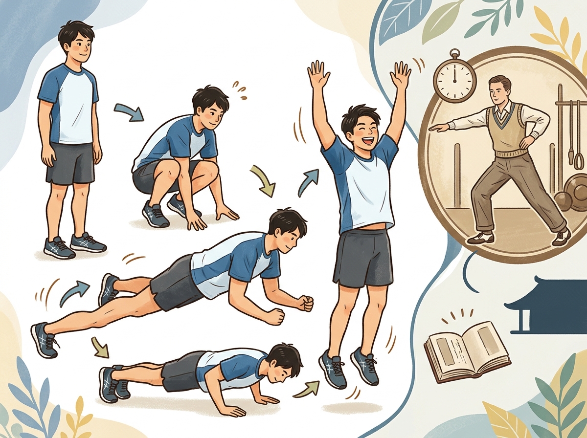 Professional illustration for article section about: バーピーとは？その基本と歴史. 日本人が理解しやすい自然で親しみやすい画像。写真のようなリアル