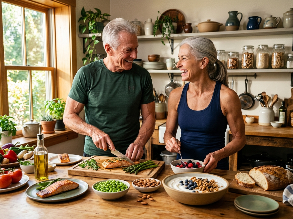 A serene kitchen scene featuring a muscular elderly man and woman preparing and enjoying high-protei