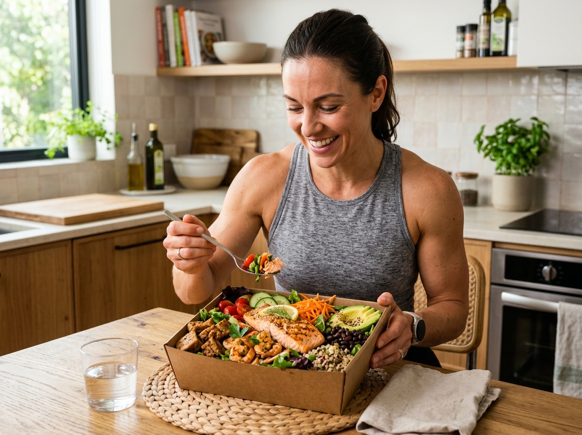 A realistic image of a high-protein meal box featuring a colorful assortment of fresh ingredients su