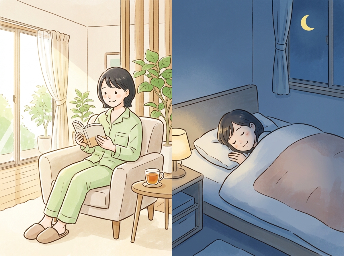 Professional illustration for article section about: 効果的な休息と睡眠の取り方. 日本人が理解しやすい自然で親しみやすい画像。写真のようなリアルさ