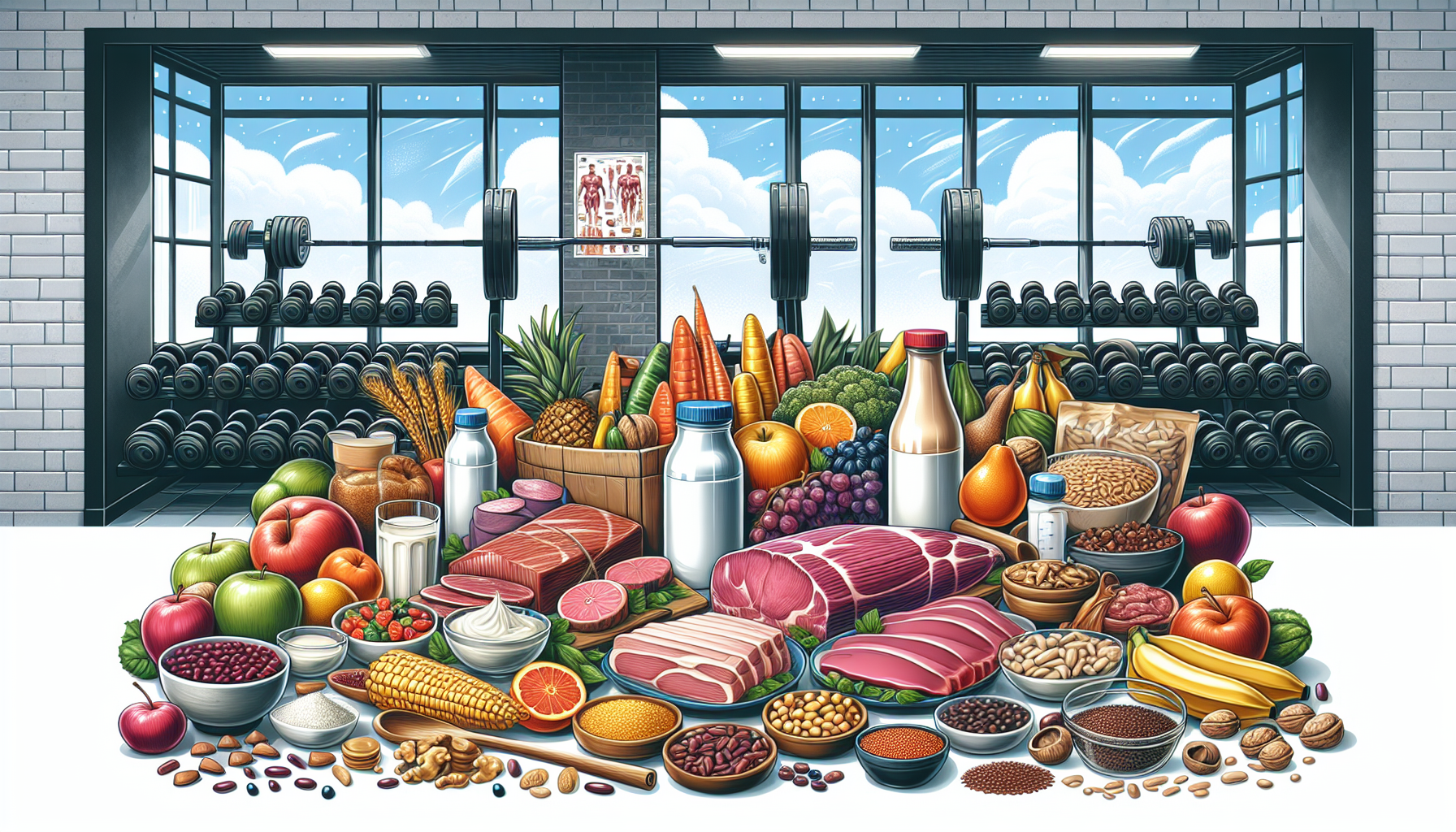 An illustration depicting a vibrant scene of healthy foods promoting muscle growth and recovery: pro