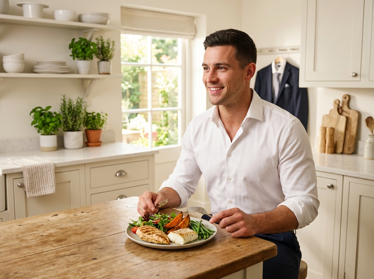 A healthy, muscular man prepping for a wedding, enjoying a balanced meal with protein-rich foods lik