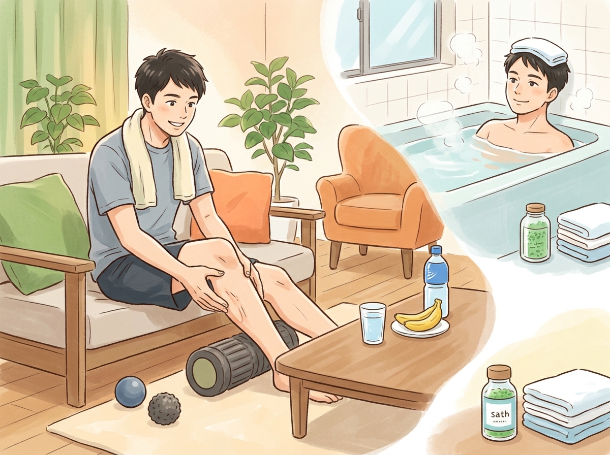 Professional illustration for article section about: 筋トレ後の疲労回復法とセルフケア. 日本人が理解しやすい自然で親しみやすい画像。写真のようなリ